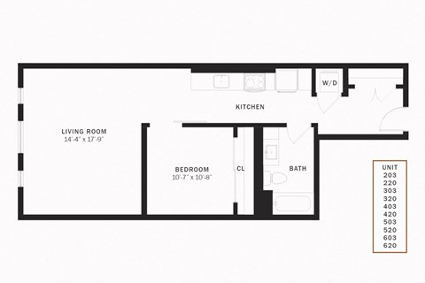 Floor plan for 1 bed, 1 bath, 770 sqft